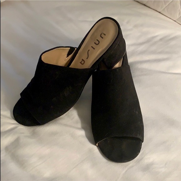 Black peep toe block heel slides/mules - Picture 2 of 3